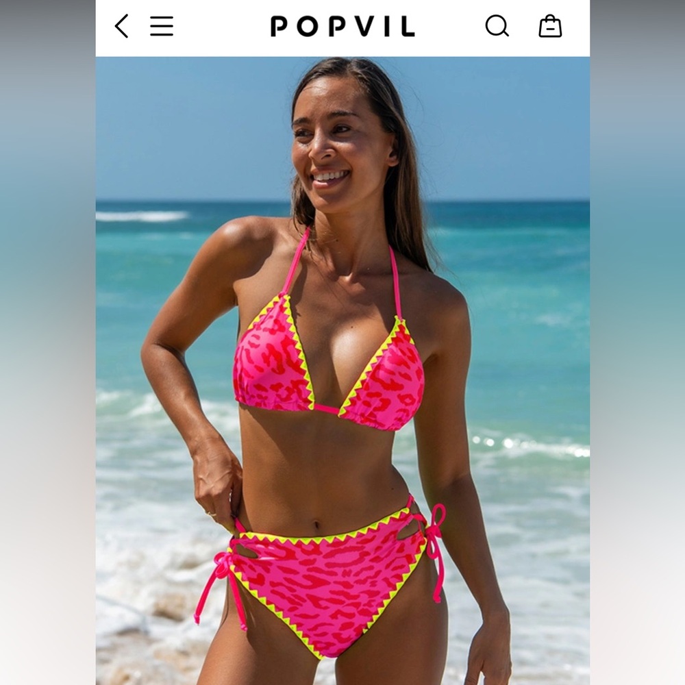 Popvil Neon Leopard LaceUp Pink Yellow Trim Triangle Bikini High Waist Bottoms L